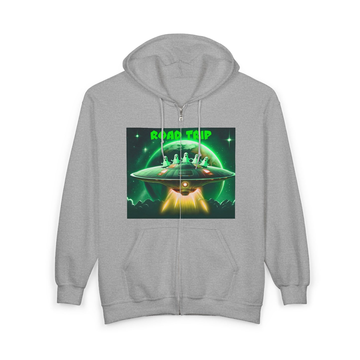 UFO Road Trip Hoodie, Unisex Zip Hoodie, Sci-Fi Sweatshirt, Alien Themed Apparel, Cool Graphic Hoodie, Gift for UFO Lovers