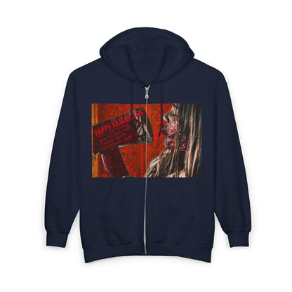 Halloween Horror Zip-Up Hoodie, Unisex Graphic Sweatshirt, Spooky Costume, Pumpkin Patch, Scary Movie Night, Fall Fashion