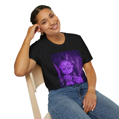 Gothic Purple Cartoon Horror Tee — Knife Kid with Teddy Graphic T-Shirt