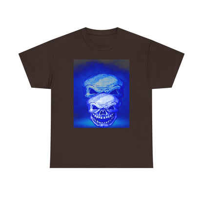 Skull Double Exposure Tee — Neon Blue Horror Graphic T-Shirt