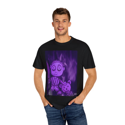 Horror Cartoon T-Shirt — Creepy Knife Kid with Broken Bunny Graphic