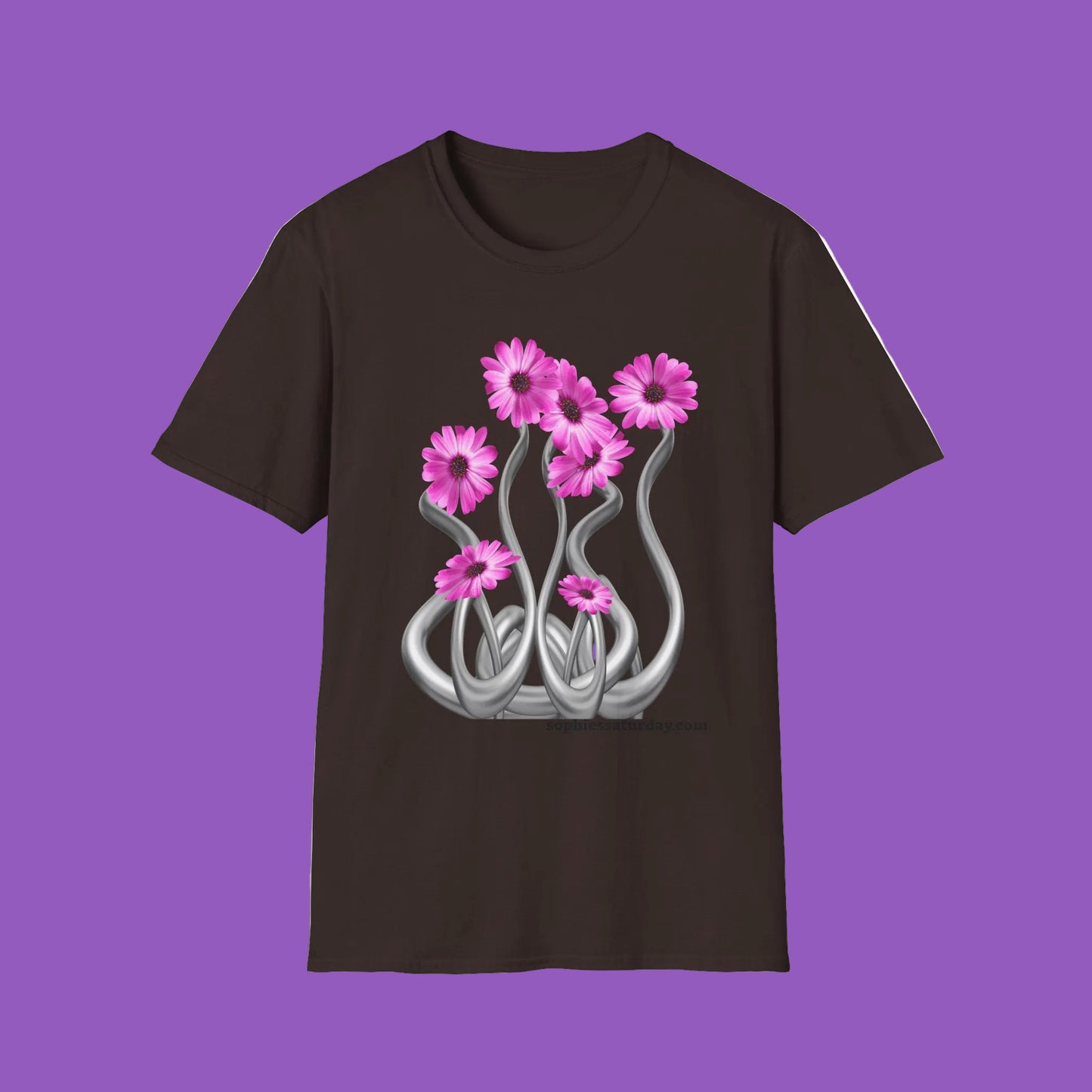 Floral Metal Futuristic Twist T‑Shirt — Pink Daisy Vine Graphic Tee