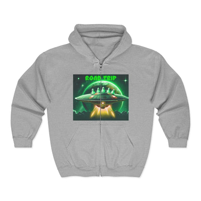 UFO Road Trip Hoodie, Unisex Zip Hoodie, Sci-Fi Sweatshirt, Alien Themed Apparel, Cool Graphic Hoodie, Gift for UFO Lovers