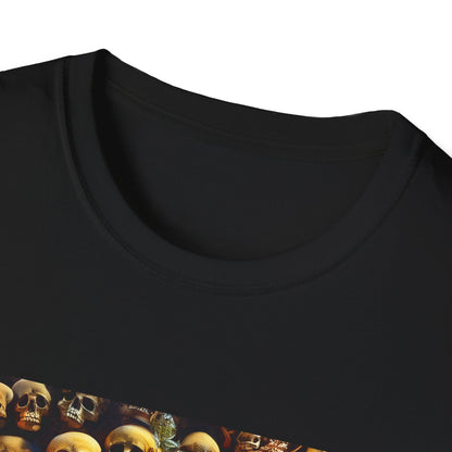Halloween Dead Mans Party Tee, Unisex Softstyle T-Shirt, Skull Graphic Shirt, Casual Halloween Outfit, Spooky Season Apparel, Horror Fan Gift