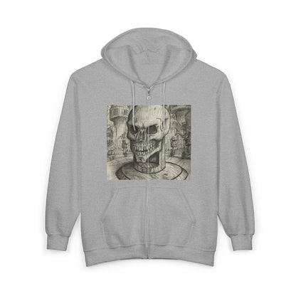 Gothic Black and White Skull Zip Hoodie, Unique Art Sweatshirt, Unisex Heavy Blend Hoodie, Stylish Casual Wear, Perfect for Halloween and Gift