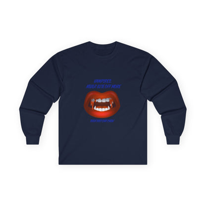 Vampire Humor Long Sleeve Tee, Unisex Halloween T-Shirt, Spooky Party, Funny Gift, Graphic Tee for Vampire Lovers, Casual Wear