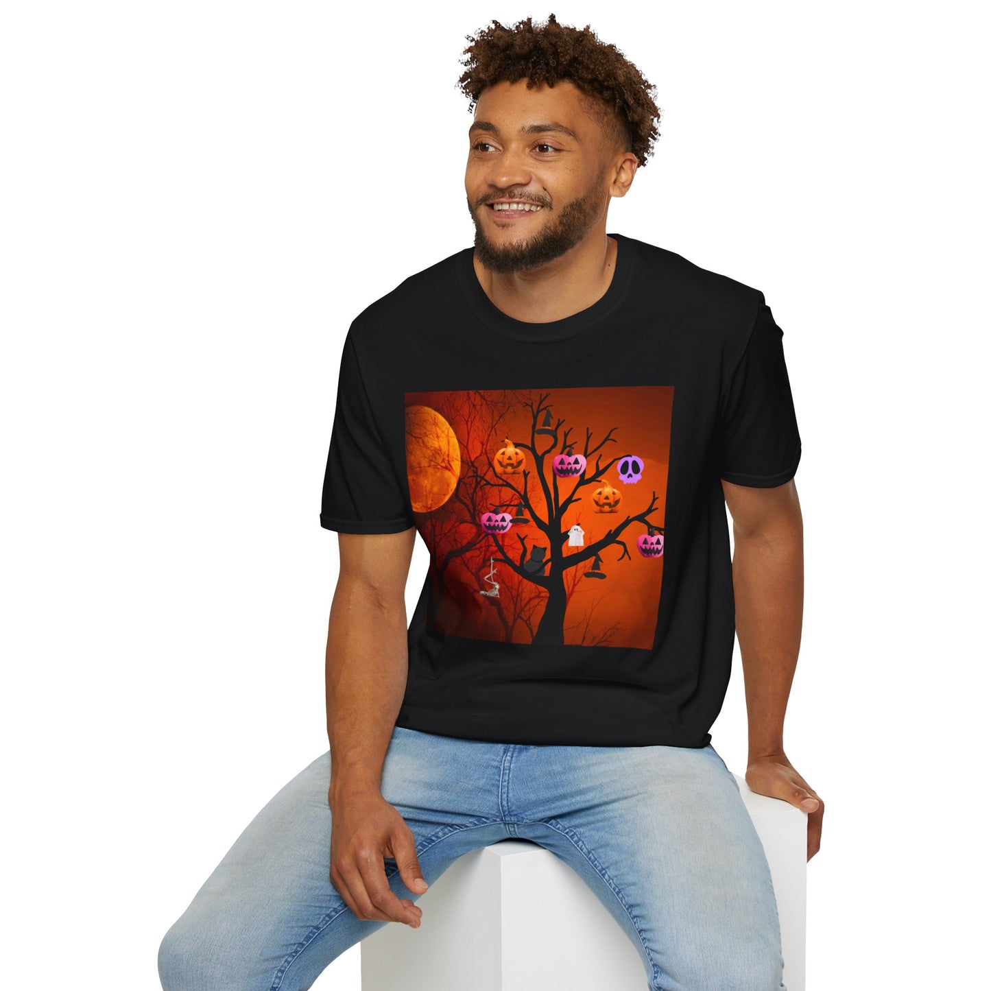 Halloween Pumpkin Tree T-Shirt, Unisex Softstyle Tee for Halloween, Spooky Vibes, Autumn Fashion, Fall Celebration Shirt