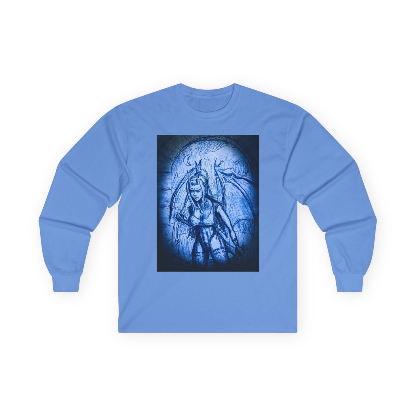 Gothic Demon Art Long Sleeve Tee — Blue Gothic Illustration