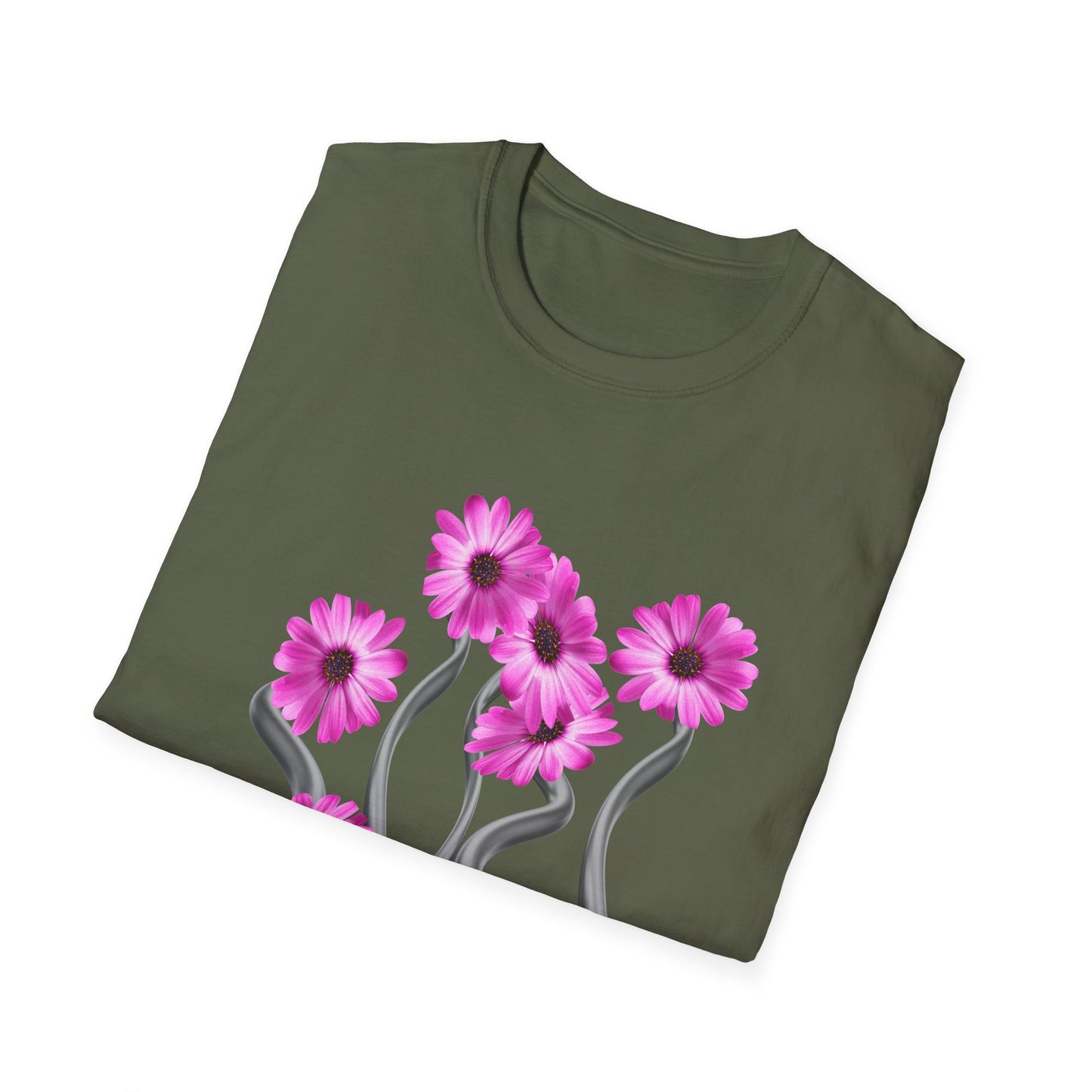 Floral Metal Futuristic Twist T‑Shirt — Pink Daisy Vine Graphic Tee