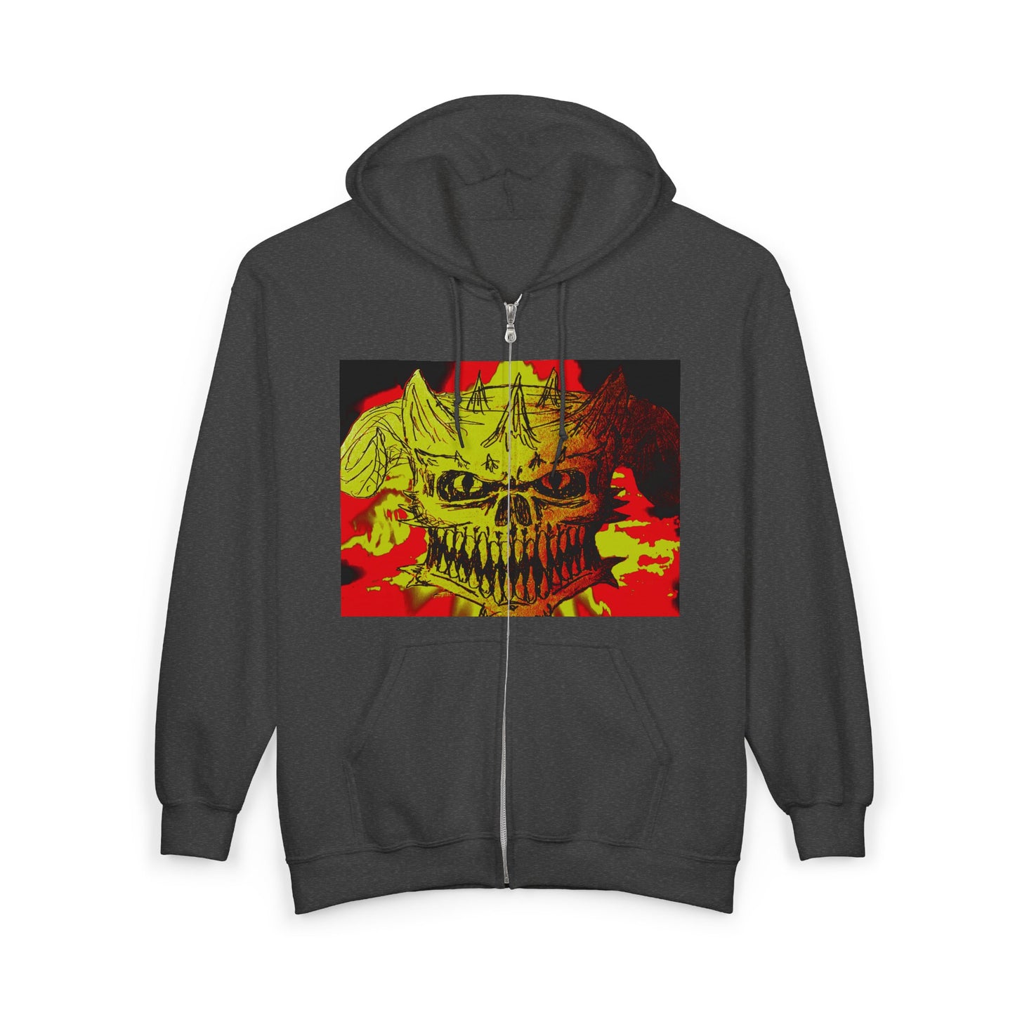 Skull Flame Zip Hoodie — Grunge Horror Graphic