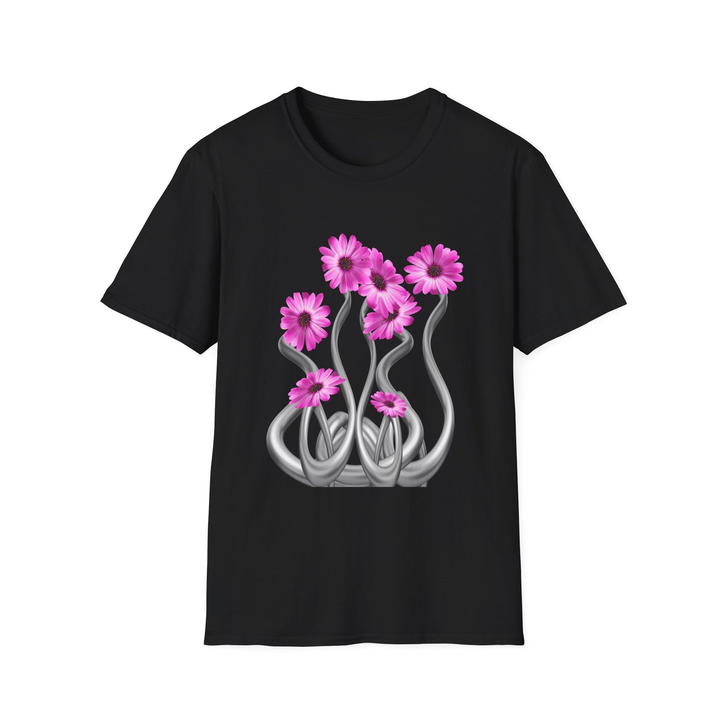 Floral Metal Futuristic Twist T‑Shirt — Pink Daisy Vine Graphic Tee