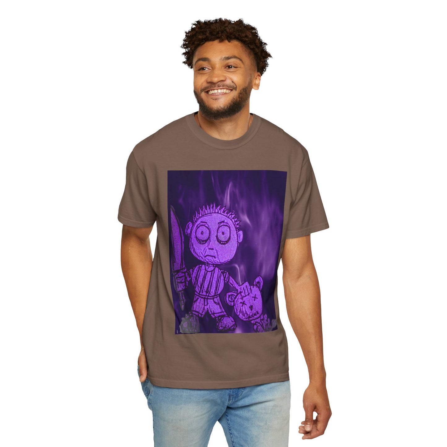 Horror Cartoon T-Shirt — Creepy Knife Kid with Broken Bunny Graphic