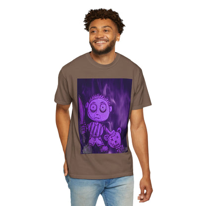 Horror Cartoon T-Shirt — Creepy Knife Kid with Broken Bunny Graphic