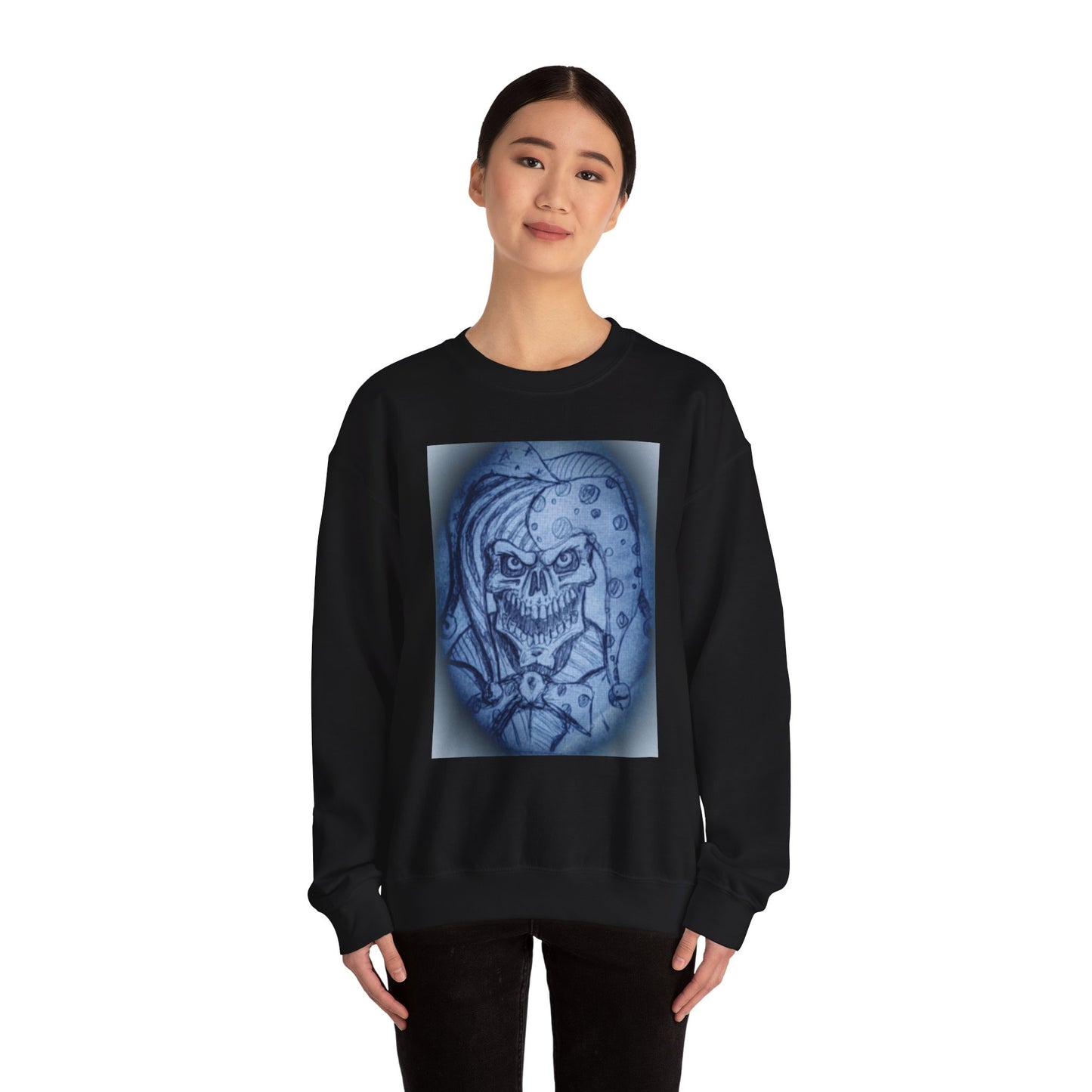 Jester Skull Graphic Sweatshirt, Unisex Heavy Blend Crewneck, Gothic Fashion, Streetwear Style, Halloween Gift, Edgy Casual Wear
