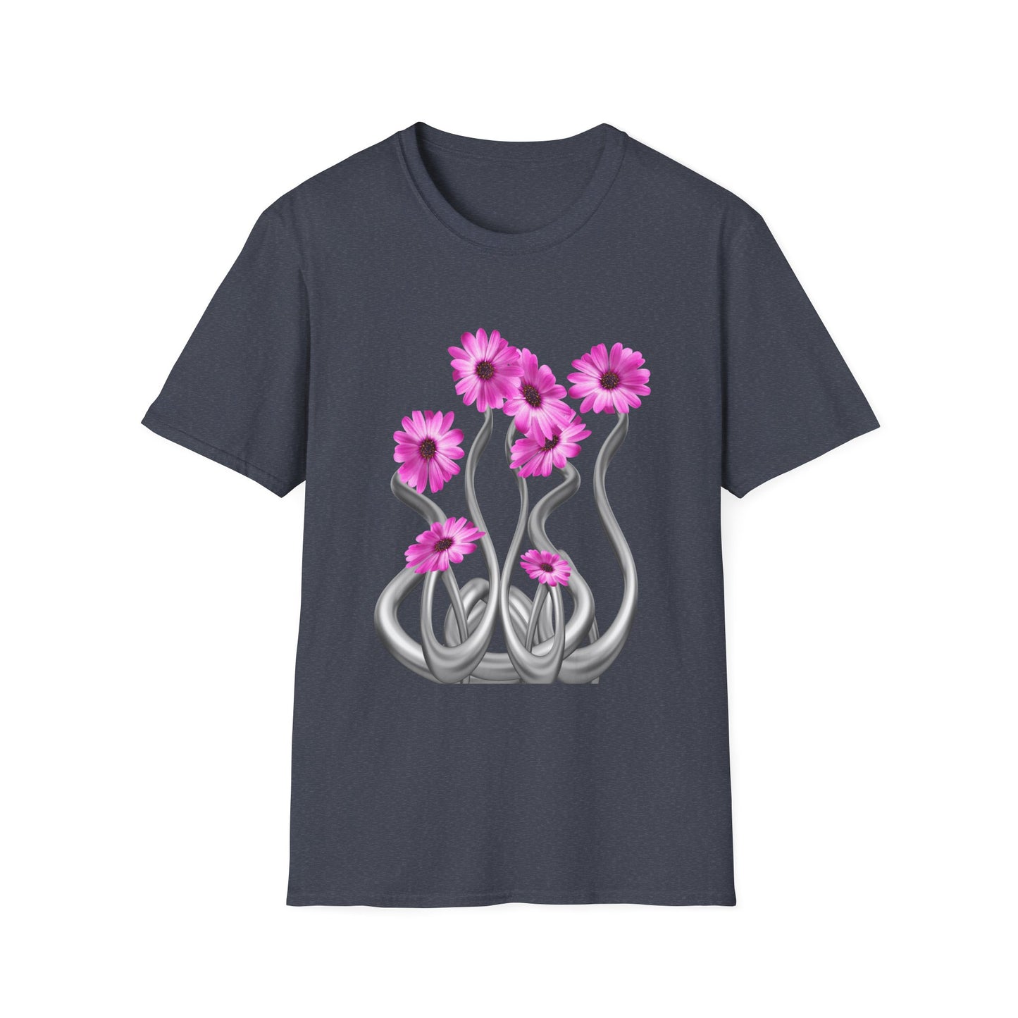 Floral Metal Futuristic Twist T‑Shirt — Pink Daisy Vine Graphic Tee