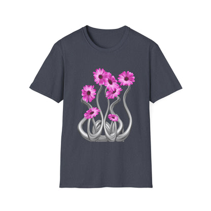 Floral Metal Futuristic Twist T‑Shirt — Pink Daisy Vine Graphic Tee