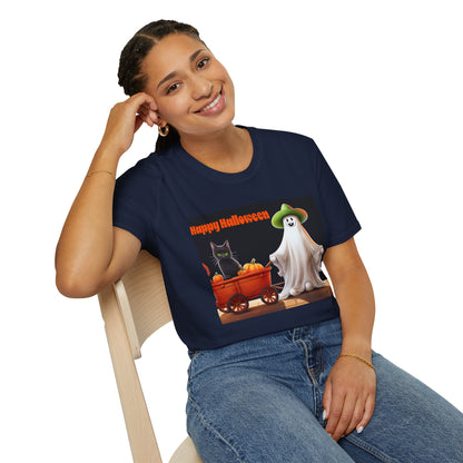 Halloween Ghost with wagon t-Shirt, trick or treating  Funny Halloween Tee, Unisex Casual Shirt, Cute Halloween Costume, Spooky Holiday Apparel
