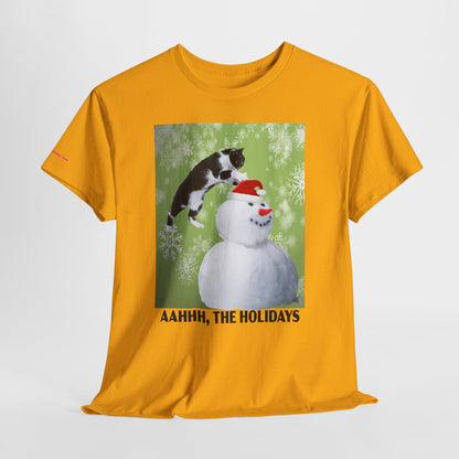 Holiday Cat T‑Shirt – “Aahhh, The Holidays” Funny Snowman Cat Tee