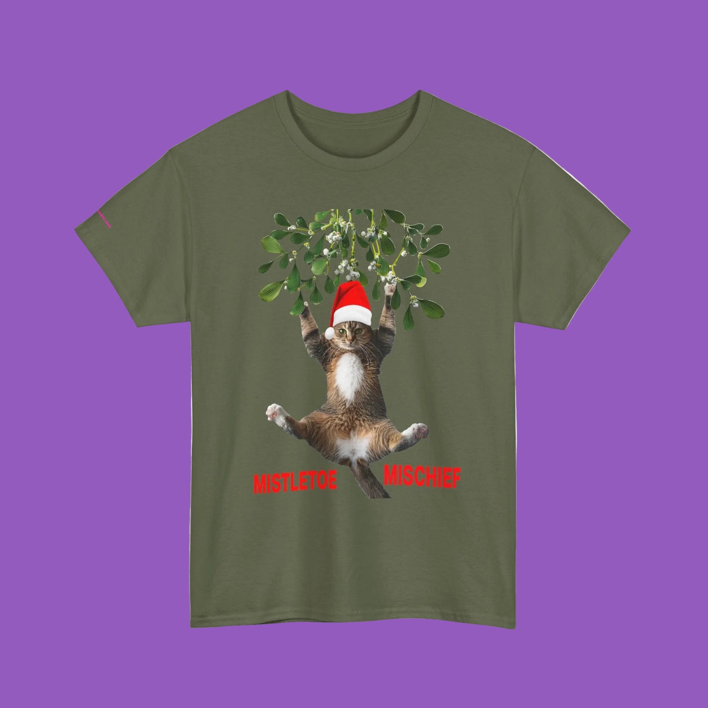 Mistletoe Mischief Cat T-Shirt — Cat in Santa Hat Hanging from Mistletoe Holiday Tee