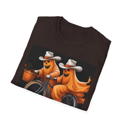 Funny cowboyGhost Bicycle T-Shirt | Halloween Tee for Kids, Unisex Festival Apparel, Ghostly Fun Wear, Spooky Season Gift
