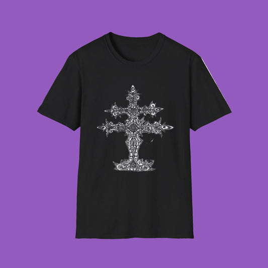 Celtic Cross Graphic Tee, Unisex Softstyle T-Shirt, Spiritual Cross Design Shirt, Casual Wear, Gift for Him/Her