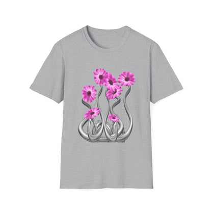 Floral Metal Futuristic Twist T‑Shirt — Pink Daisy Vine Graphic Tee