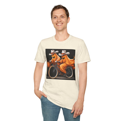 Funny cowboyGhost Bicycle T-Shirt | Halloween Tee for Kids, Unisex Festival Apparel, Ghostly Fun Wear, Spooky Season Gift