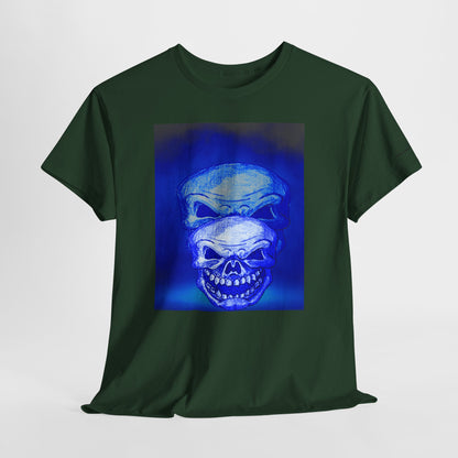 Skull Double Exposure Tee — Neon Blue Horror Graphic T-Shirt
