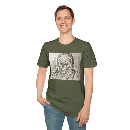 Grim Reaper Graphic Tee | Unisex Softstyle T-Shirt, Halloween Apparel, Edgy Fashion, Unique Gift, Gothic Style, Casual Wear