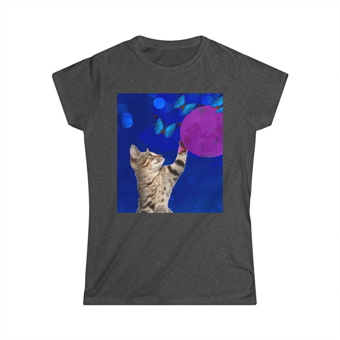 Playful tabby reaches for pink moon Women's Softstyle Tee