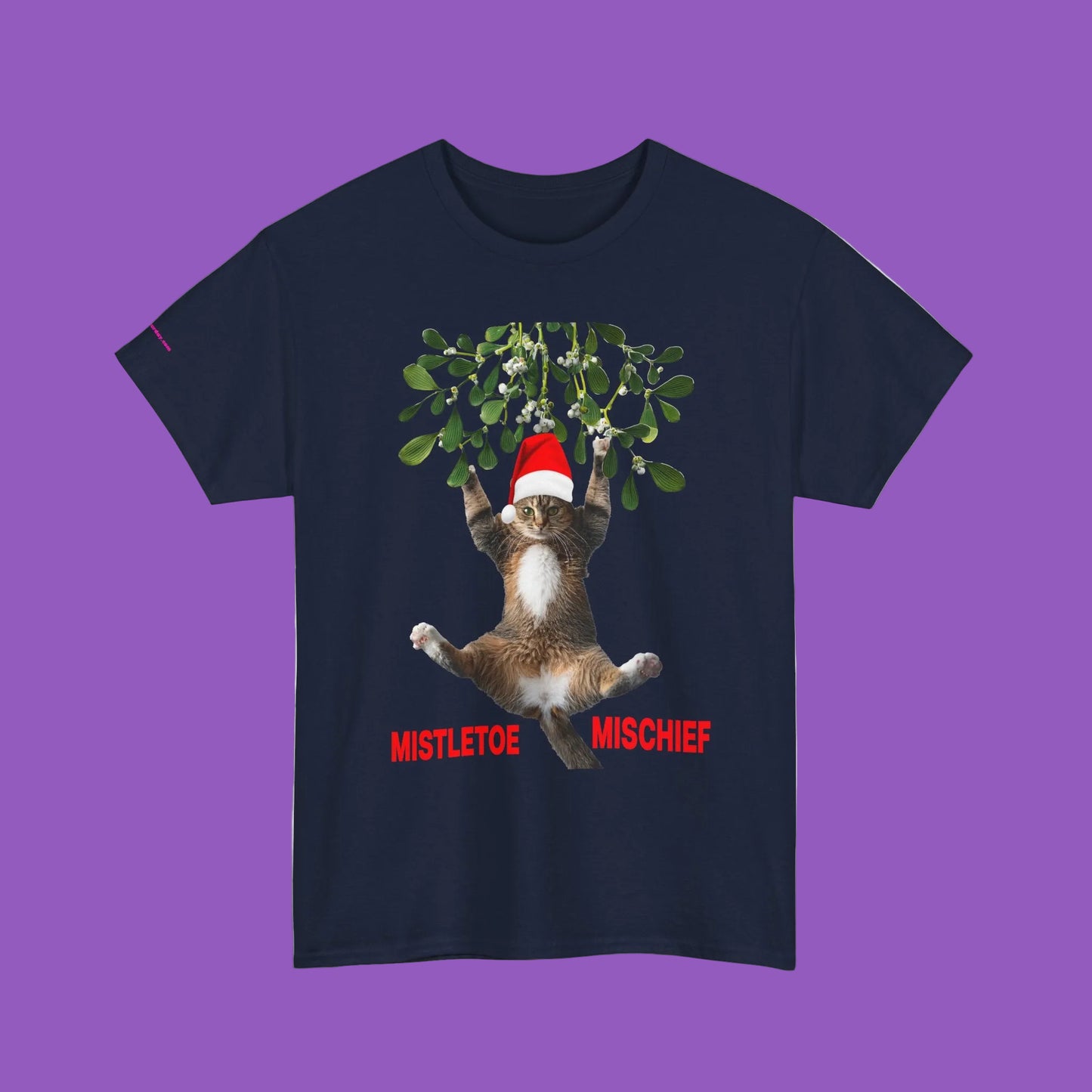 Mistletoe Mischief Cat T-Shirt — Cat in Santa Hat Hanging from Mistletoe Holiday Tee