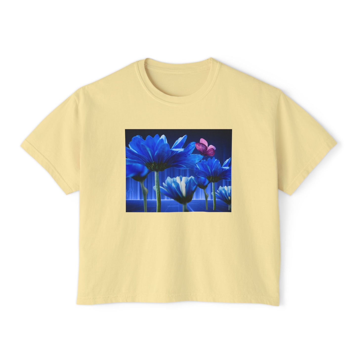 Floral Blue Flowered Backlight Women's Boxy Tee, Boho Chic Style, Perfect Summer Top, Gift for Her, Casual Cute Shirt, Nature-Inspired Apparel