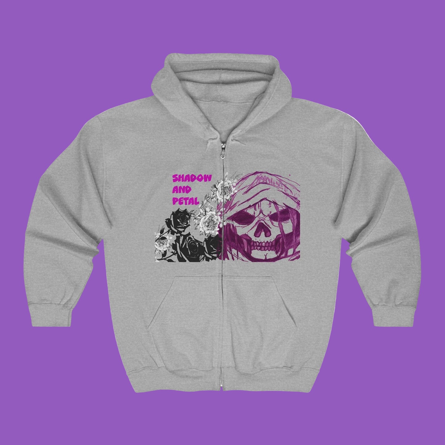 Zip Hoodie - Retro Grunge Skull & Roses Full-Zip Sweatshirt