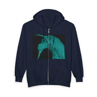 Green Unicorn Graphic Full Zip Hoodie for Animal Lovers | Cozy Outerwear for Spring, Unique Gift, Casual Wear, Birthday, Festival