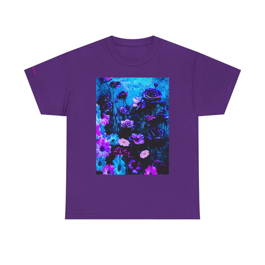 Fluorescent Floral Tee — Neon Blue & Purple Garden T-Shirt