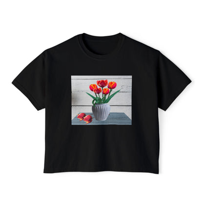 Floral Country Tulips Women's Boxy Tee - Cute Spring Top, Casual Wear, Gift for Her, Garden Lovers, Everyday Style