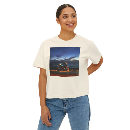 Women's Boxy Tee Fire Wheelie  Ocean Sunset Design, Relaxed Fit T-Shirt, Perfect for Casual Wear, Summer Vibe, Beach Day Gift