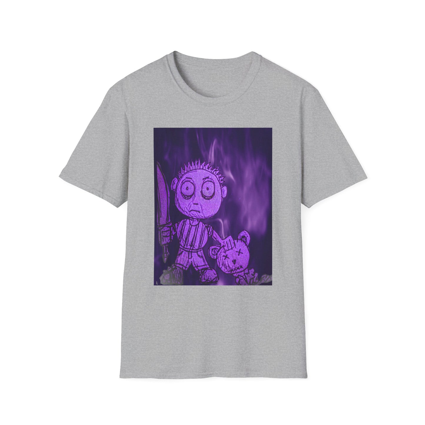 Gothic Purple Cartoon Horror Tee — Knife Kid with Teddy Graphic T-Shirt