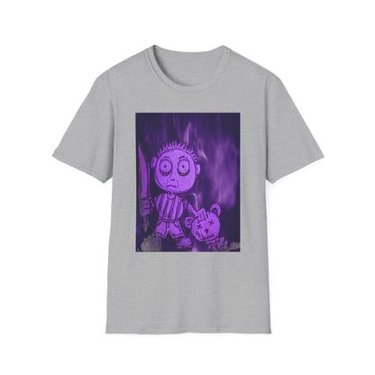 Gothic Purple Cartoon Horror Tee — Knife Kid with Teddy Graphic T-Shirt