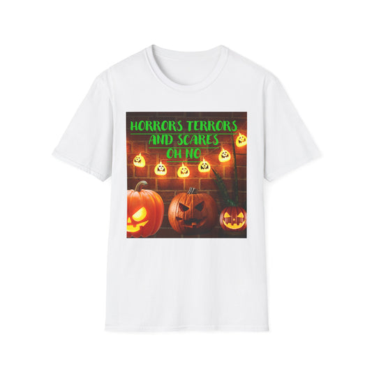 Halloween T-Shirt with Scary Pumpkins and string lights - Horror, Terrors and Scares Oh No