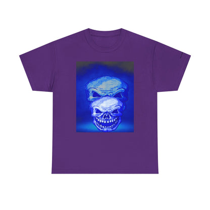 Skull Double Exposure Tee — Neon Blue Horror Graphic T-Shirt