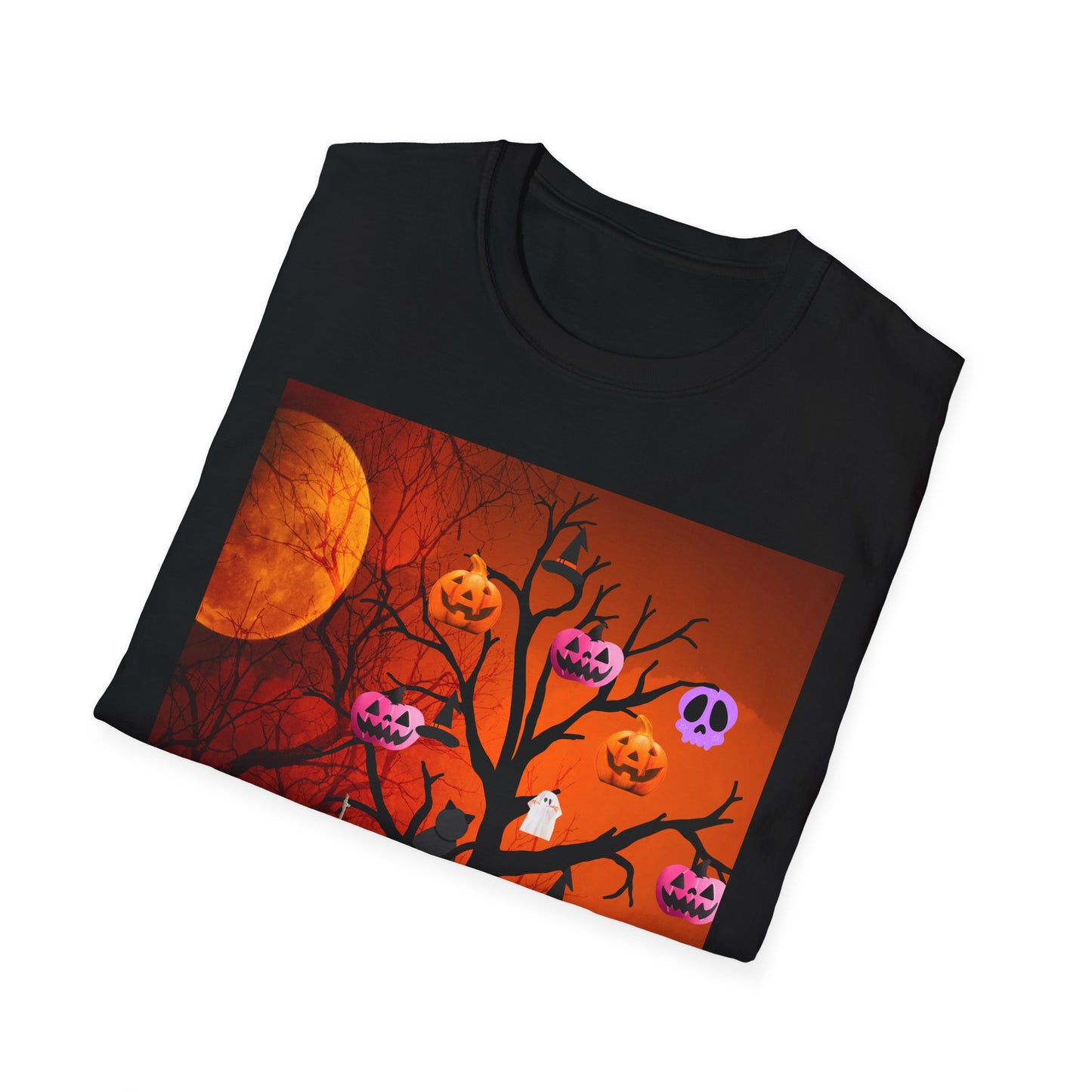 Halloween Pumpkin Tree T-Shirt, Unisex Softstyle Tee for Halloween, Spooky Vibes, Autumn Fashion, Fall Celebration Shirt