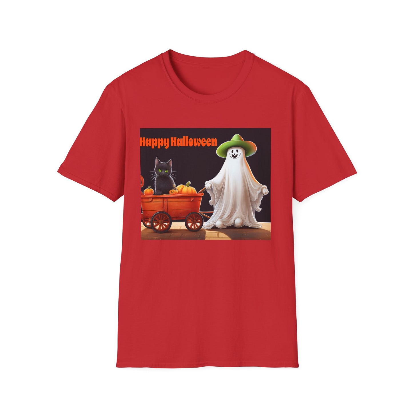 Halloween Ghost with wagon t-Shirt, trick or treating  Funny Halloween Tee, Unisex Casual Shirt, Cute Halloween Costume, Spooky Holiday Apparel