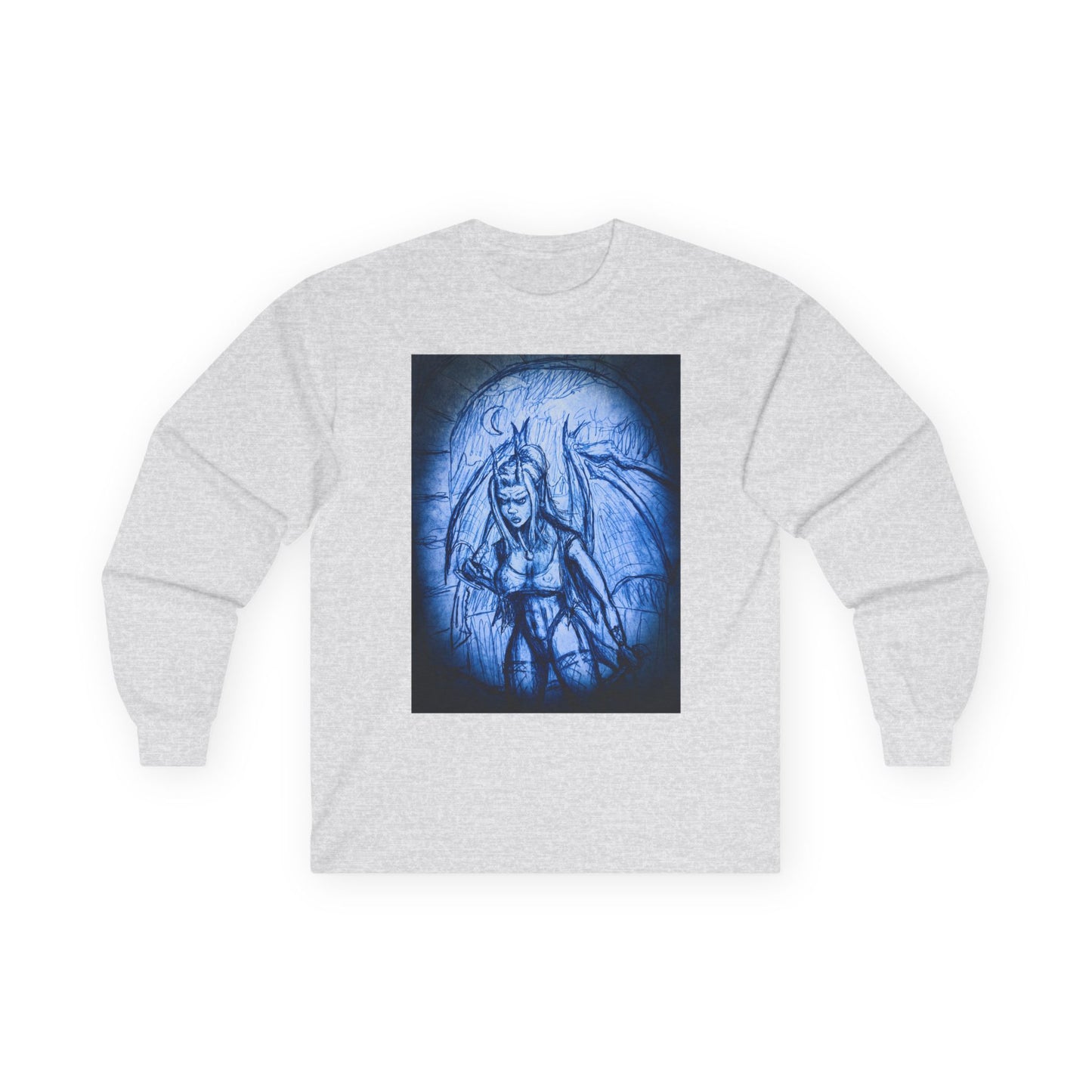 Gothic Demon Art Long Sleeve Tee — Blue Gothic Illustration
