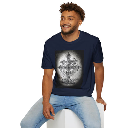 Celtic Cross Graphic Tee, Unisex Softstyle T-Shirt, Spiritual Cross Design Shirt, Casual Wear, Gift for Him/Her