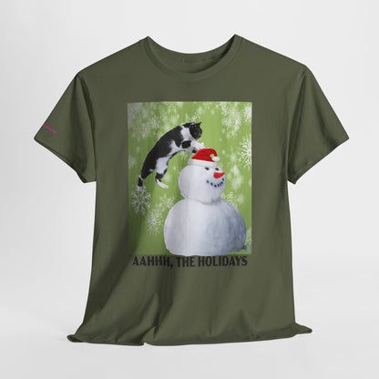 Holiday Cat T‑Shirt – “Aahhh, The Holidays” Funny Snowman Cat Tee