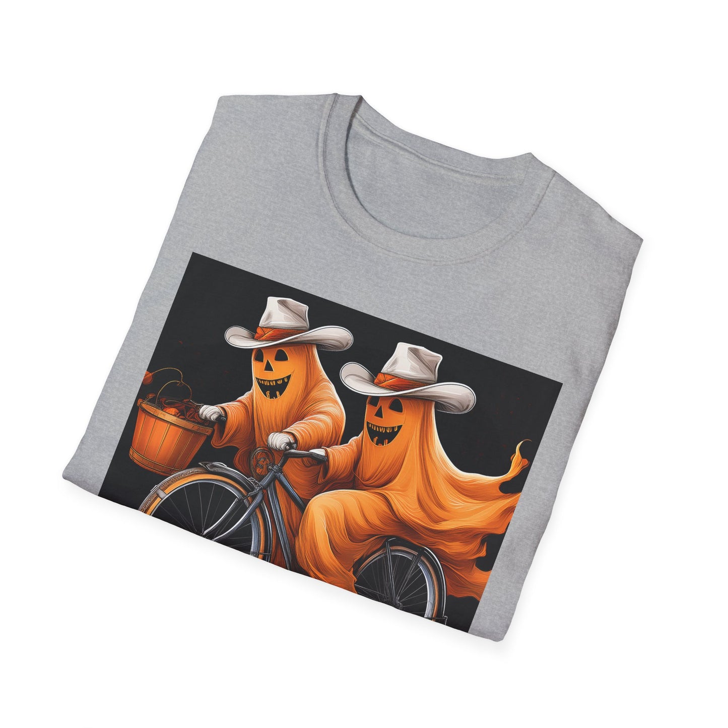 Funny cowboyGhost Bicycle T-Shirt | Halloween Tee for Kids, Unisex Festival Apparel, Ghostly Fun Wear, Spooky Season Gift
