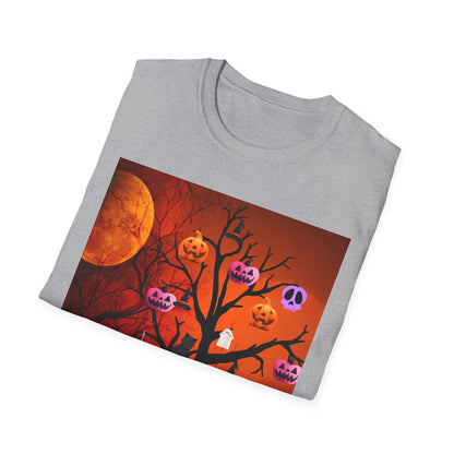 Halloween Pumpkin Tree T-Shirt, Unisex Softstyle Tee for Halloween, Spooky Vibes, Autumn Fashion, Fall Celebration Shirt