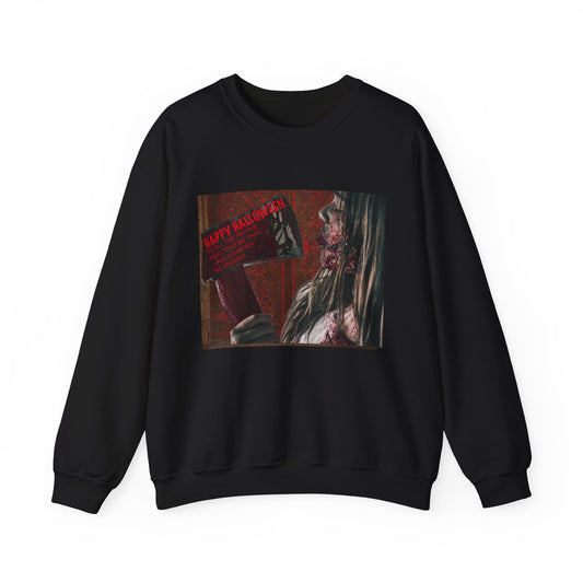 Halloween Horror Girl with Axe Sweatshirt, Unisex Crewneck, Horror Movie Fan Apparel, Halloween Costume Layering