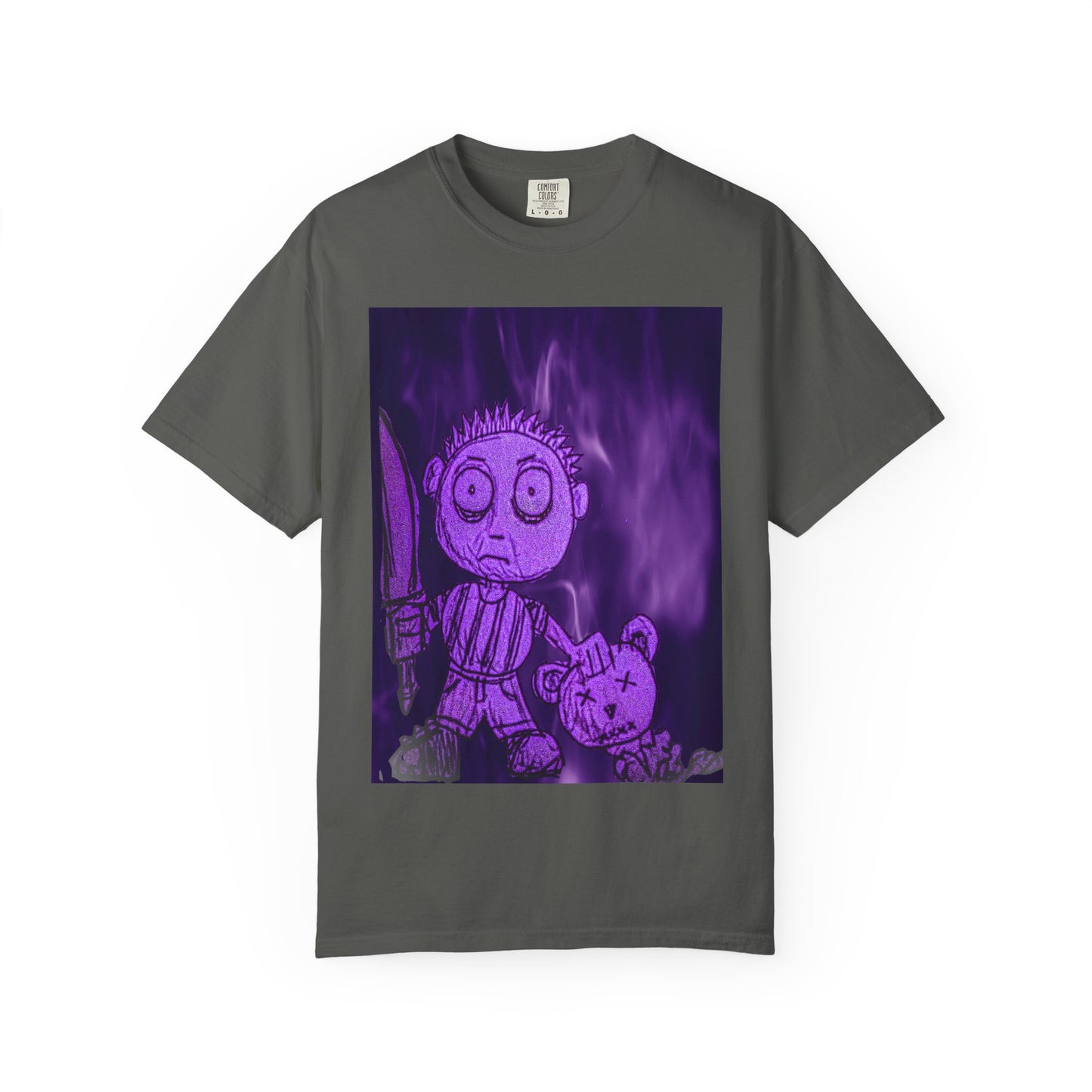 Horror Cartoon T-Shirt — Creepy Knife Kid with Broken Bunny Graphic